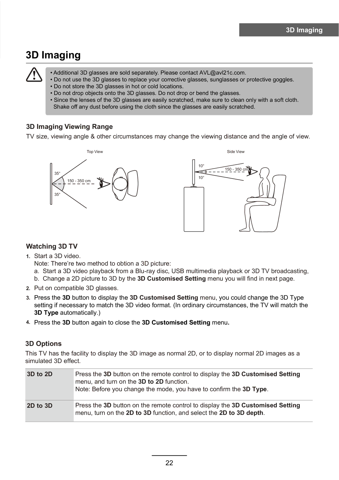 Haier L3D42D25N user manual 3D Imaging Viewing Range 