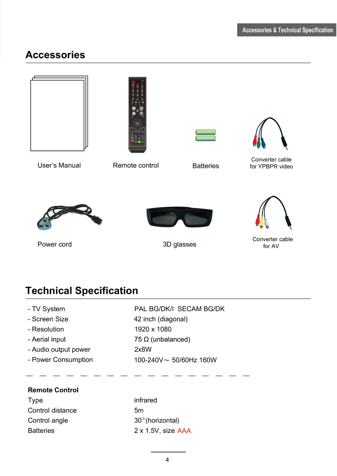 Haier L3D42D25N user manual Accessories, Technical Specification, Remote Control 