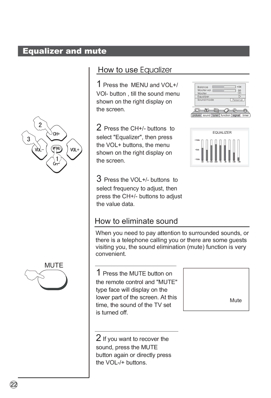 Haier L40A9-AD owner manual Equalizer and mute, How to use Equalizer, How to eliminate sound 