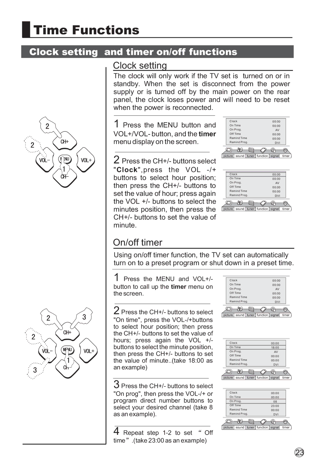 Haier L40A9-AD owner manual Time Functions, Clock setting and timer on/off functions, On/off timer 