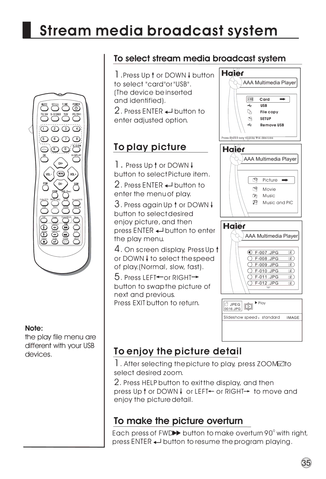 Haier L40A9-AD owner manual To play picture, To enjoy the picture detail, To make the picture overturn 