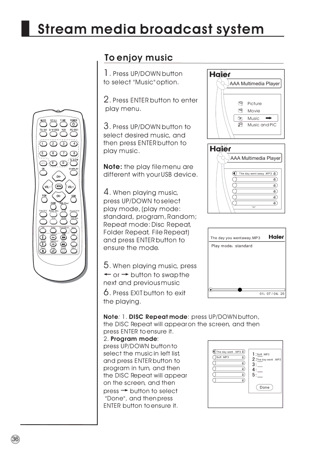 Haier L40A9-AD owner manual To enjoy music, Program mode 