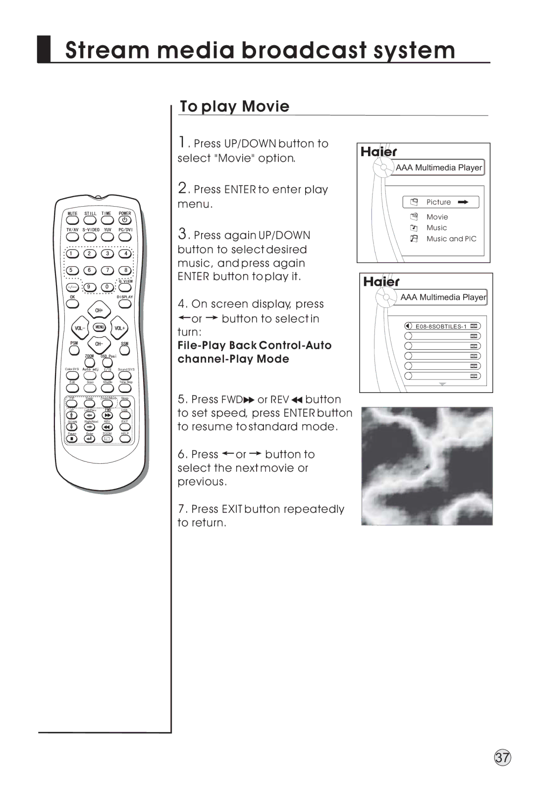 Haier L40A9-AD owner manual To play Movie, File-Play Back Control-Auto channel-Play Mode 