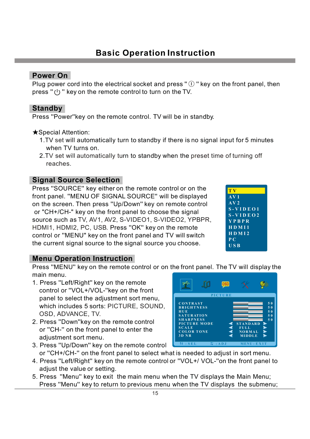 Haier L40K30B manual Basic Operation Instruction, Power On, Standby, Signal Source Selection, Menu Operation Instruction 