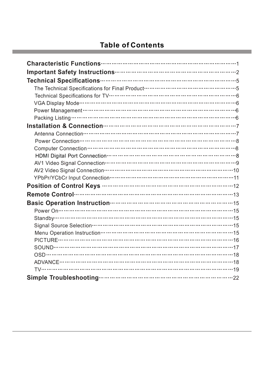 Haier L40K30B manual Table of Contents 