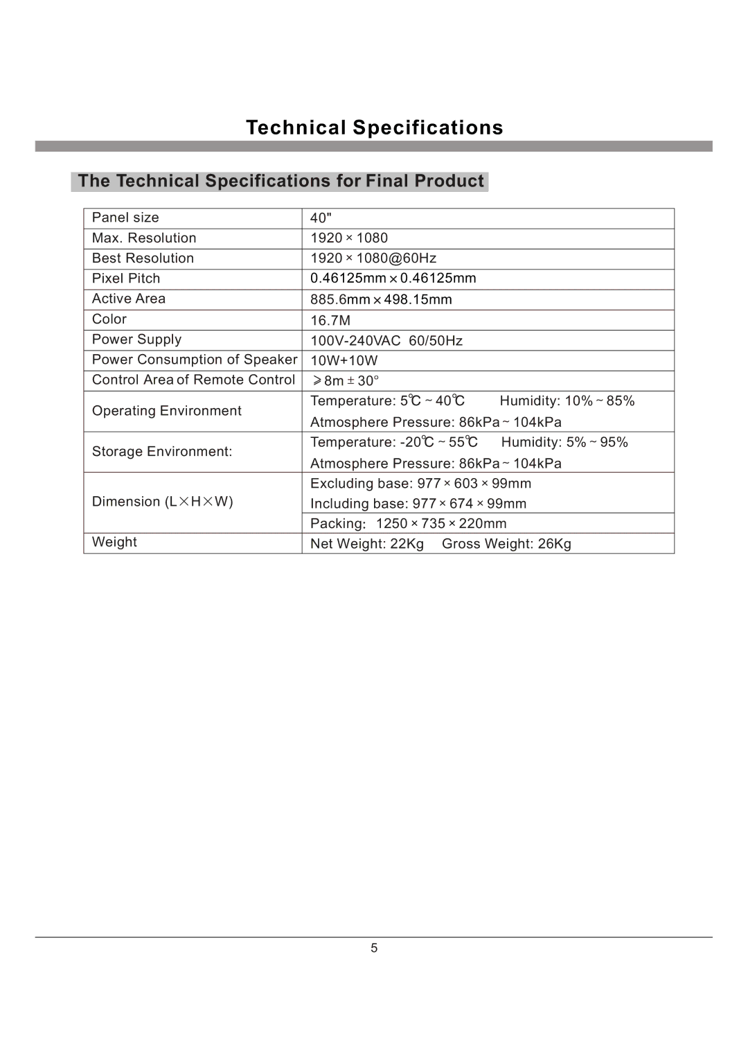 Haier L40K30B manual Technical Specifications for Final Product 