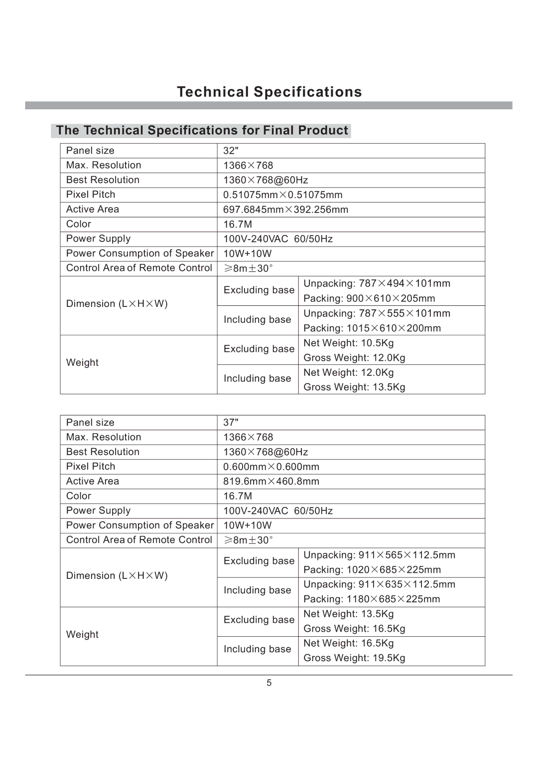 Haier L37K60B, L40K60B, L47K60B, L42K60B, L32K60B manual Technical Specifications 