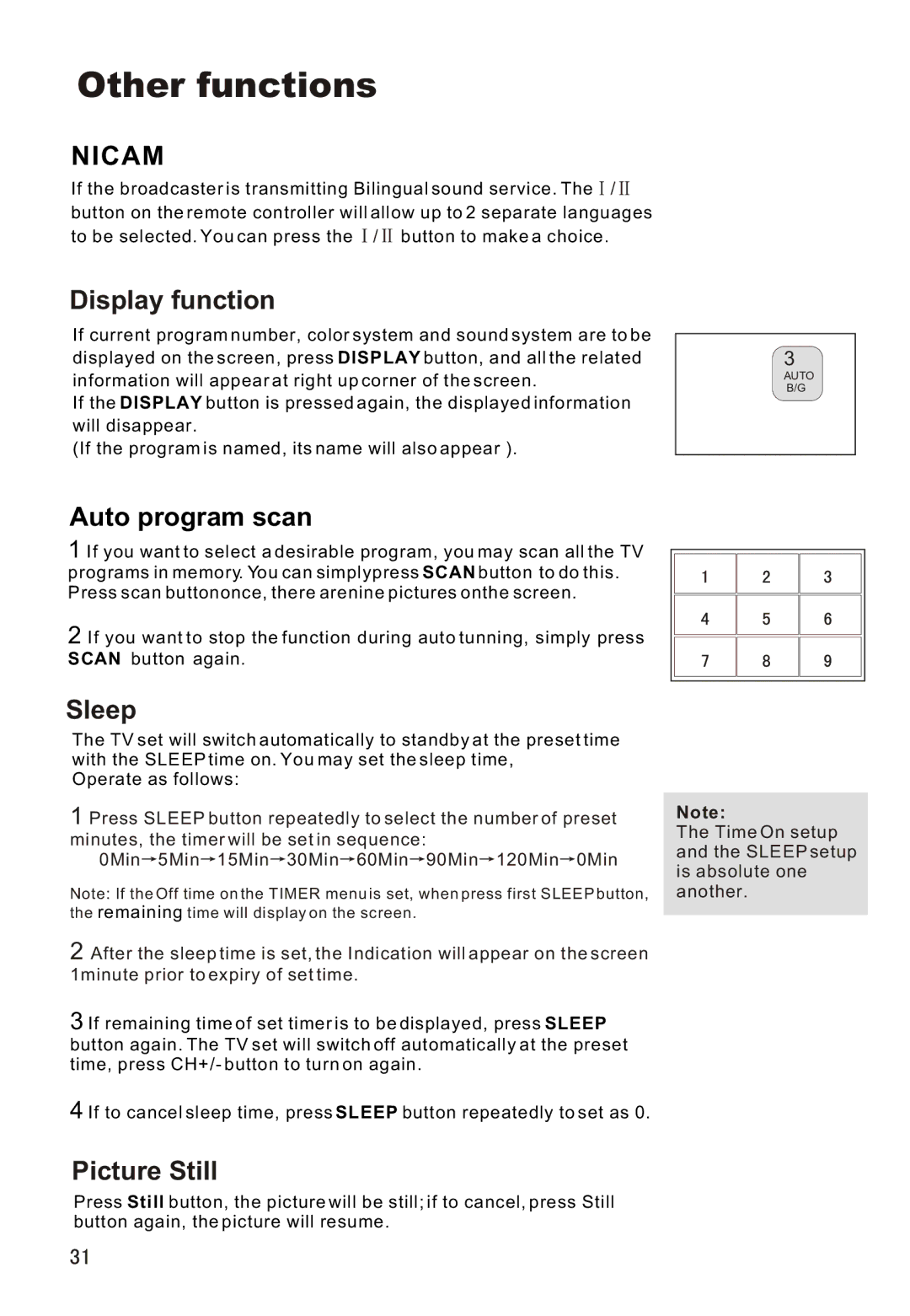 Haier L42A18 owner manual Other functions, Display function, Auto program scan, Sleep, Picture Still 