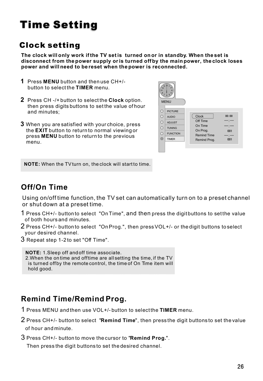 Haier L37A8A, L42A9A, L42A8A, L32A8A, L26A8A owner manual Time Setting, Clock setting, Off/On Time, Remind Time/Remind Prog 