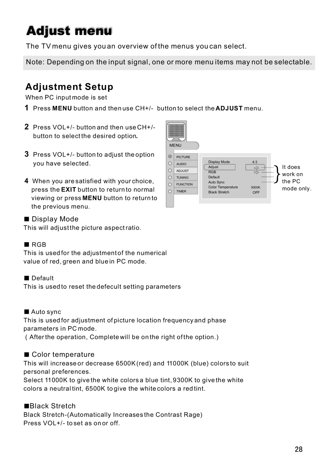 Haier L26A8A, L42A9A, L42A8A, L37A8A, L32A8A owner manual Adjust menu, Adjustment Setup 