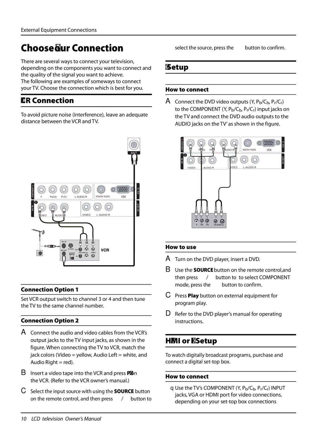 Haier L32F6, L42F6, L26F6 owner manual Choose Your Connection, VCR Connection, DVD Setup, Hdmi or DVI Setup 