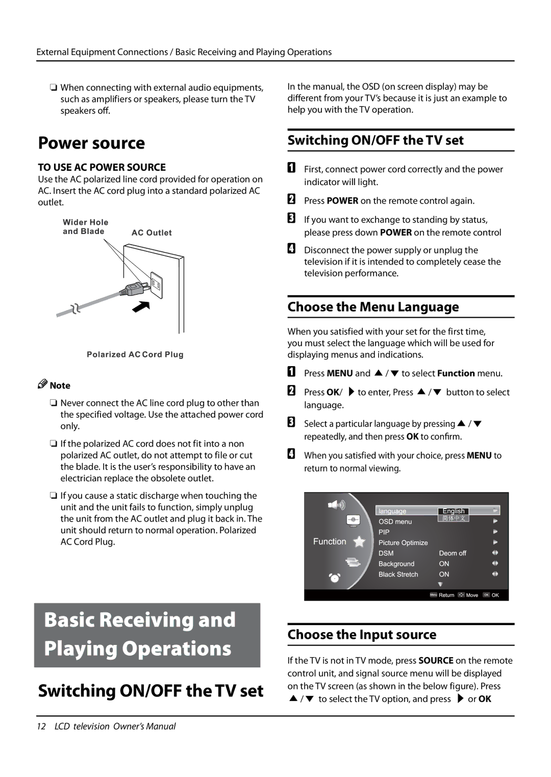 Haier L42F6, L32F6, L26F6 Power source, Switching ON/OFF the TV set, Choose the Menu Language, Choose the Input source 