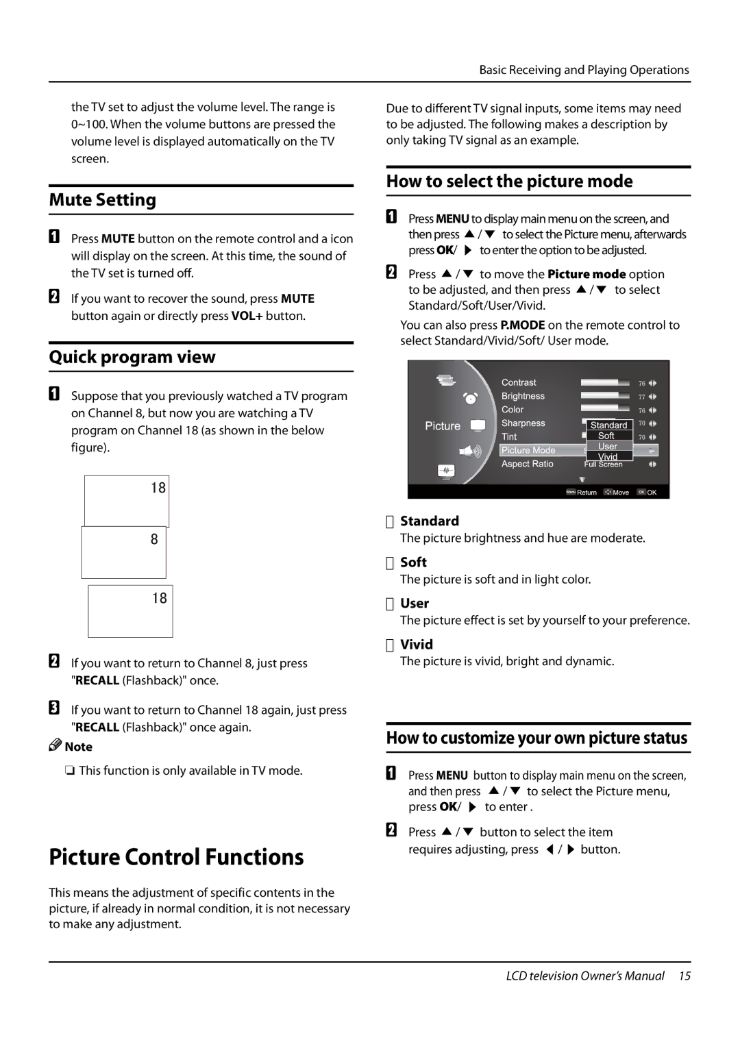 Haier L42F6, L32F6, L26F6 Picture Control Functions, Mute Setting, Quick program view, How to select the picture mode 