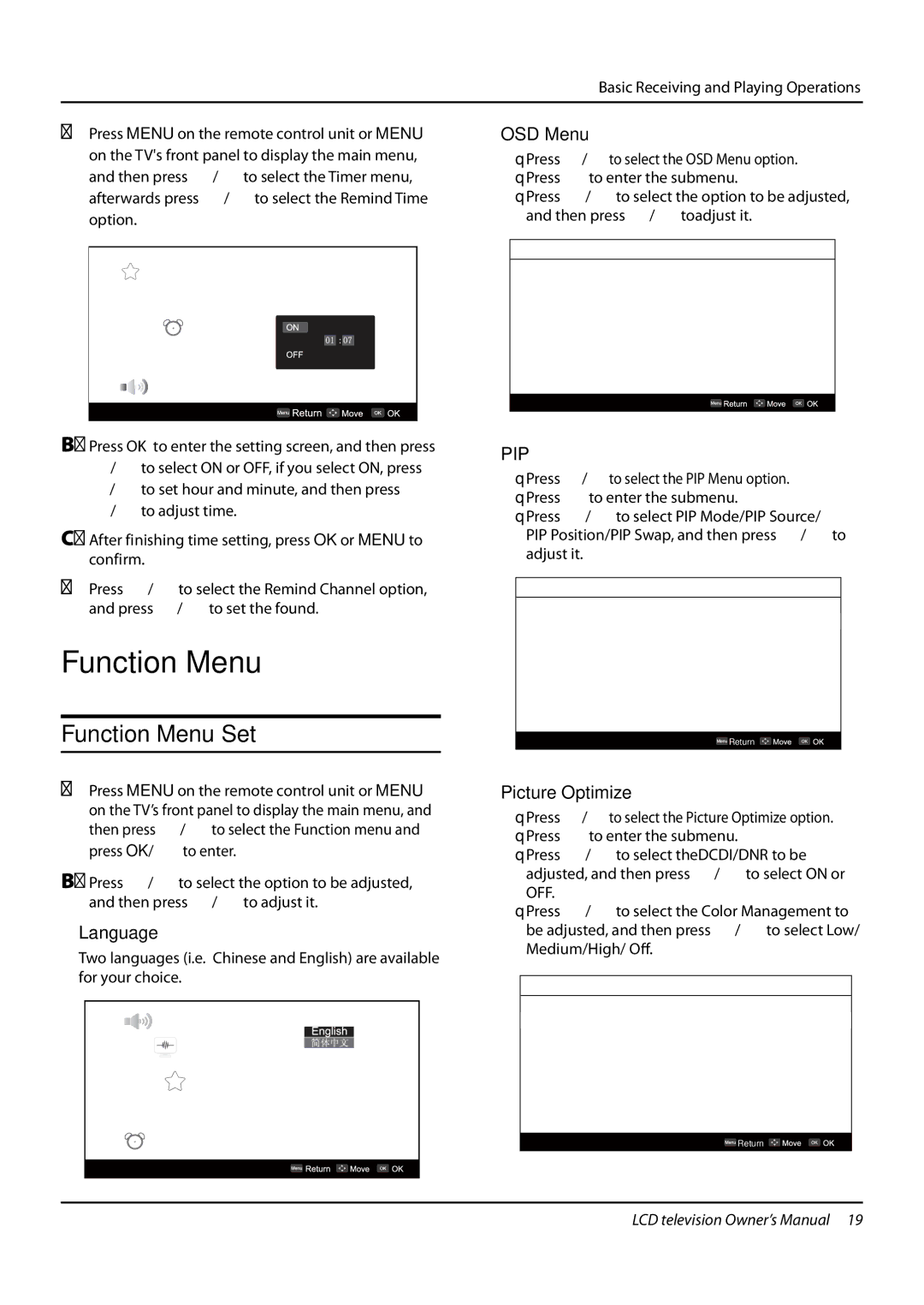 Haier L32F6, L42F6, L26F6 owner manual OSD Menu, Pip, Picture Optimize 