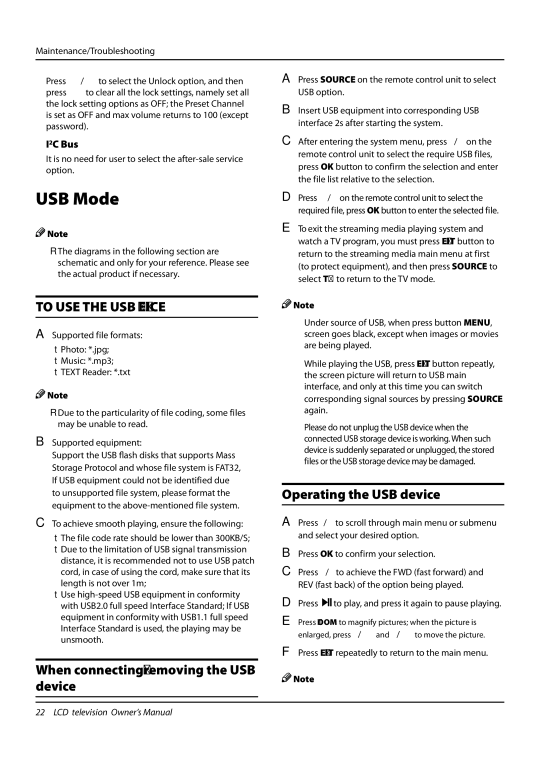 Haier L32F6, L42F6, L26F6 owner manual USB Mode, Operating the USB device, When connecting/removing the USB Device, I2C Bus 