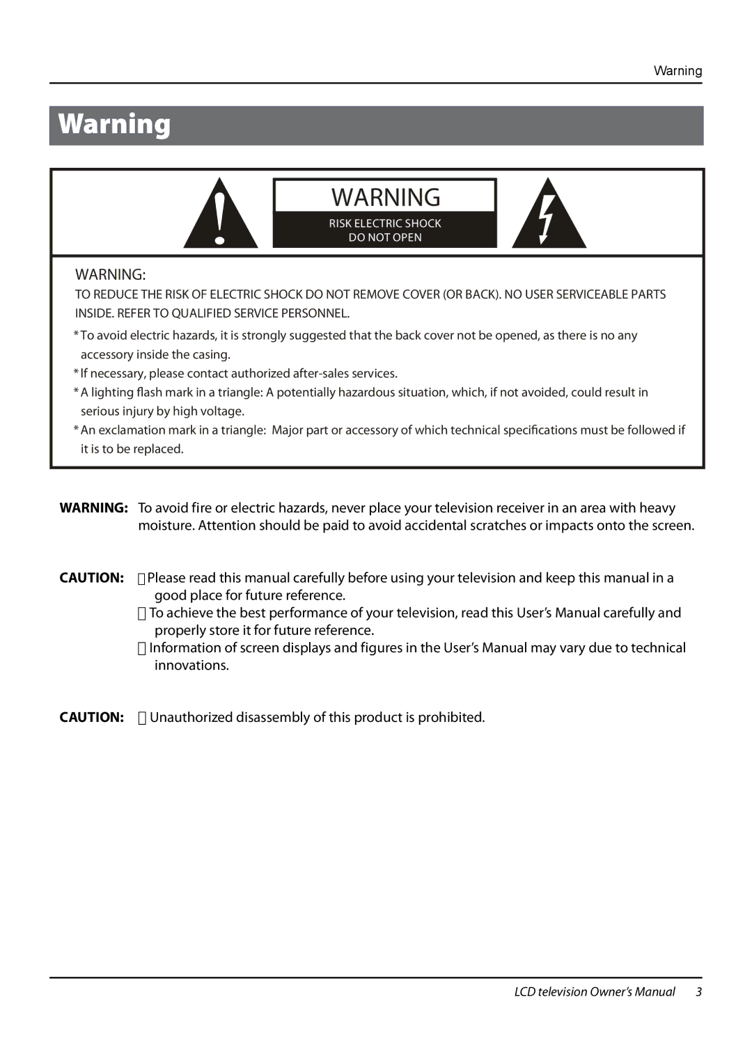 Haier L42F6, L32F6, L26F6 owner manual Risk Electric Shock Do not Open 