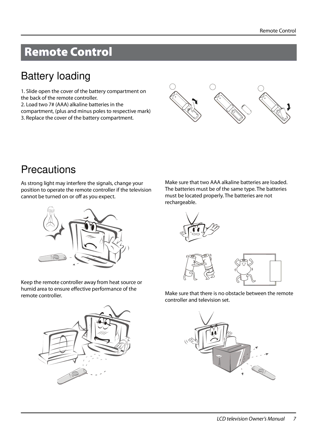 Haier L32F6, L42F6, L26F6 owner manual Remote Control, Battery loading, Precautions 