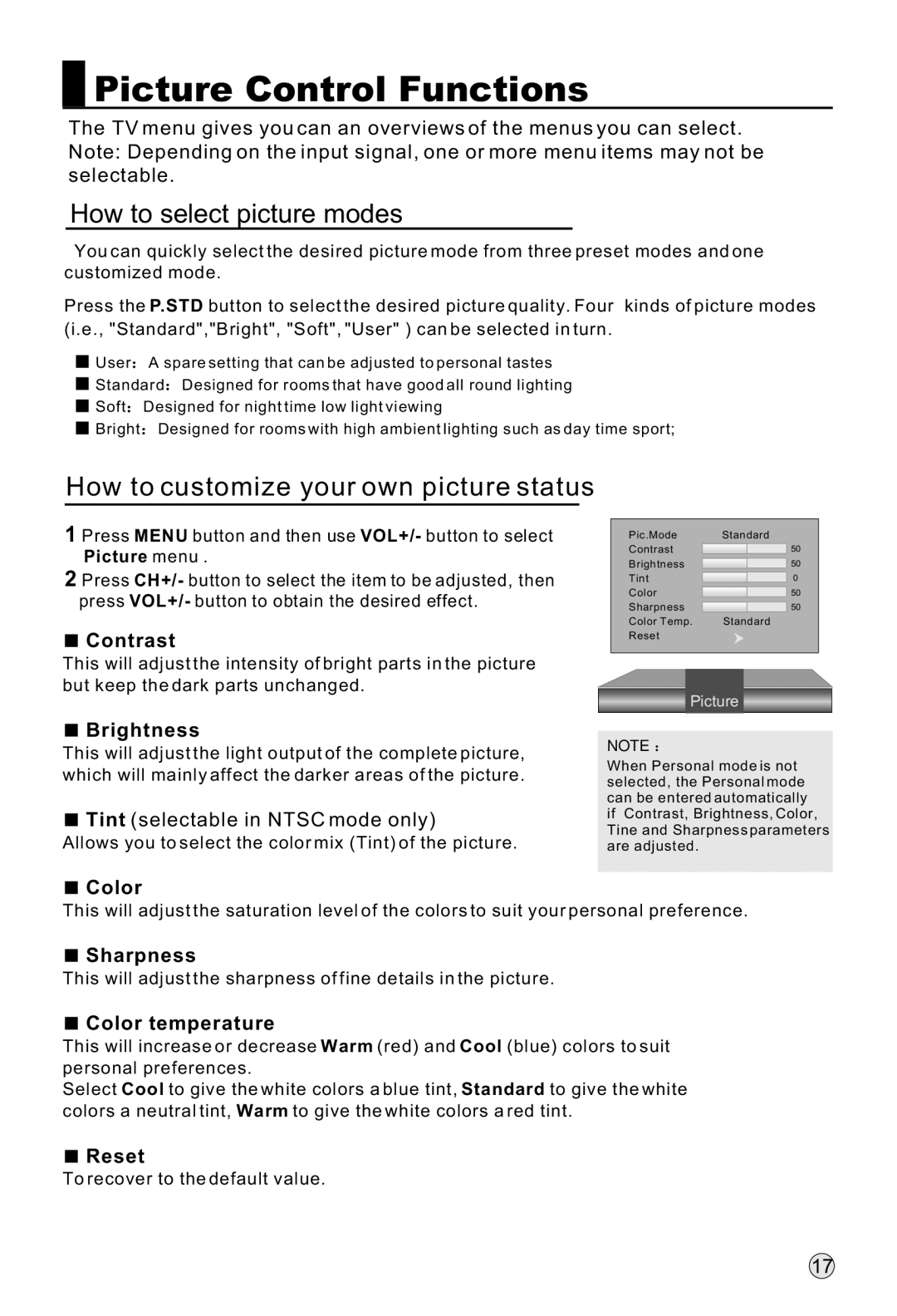 Haier L40H8, L42H8, L32H8 Picture Control Functions, How to select picture modes, How to customize your own picture status 