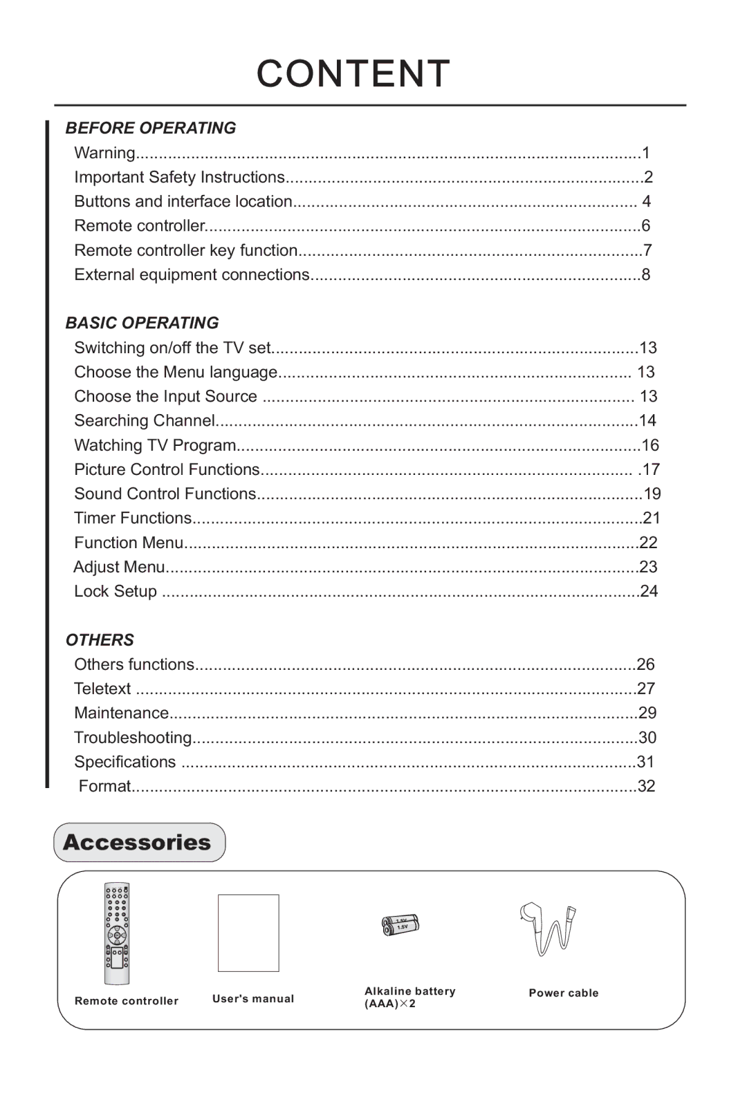 Haier L32H8, L42H8, L40H8 owner manual Content, Accessories 