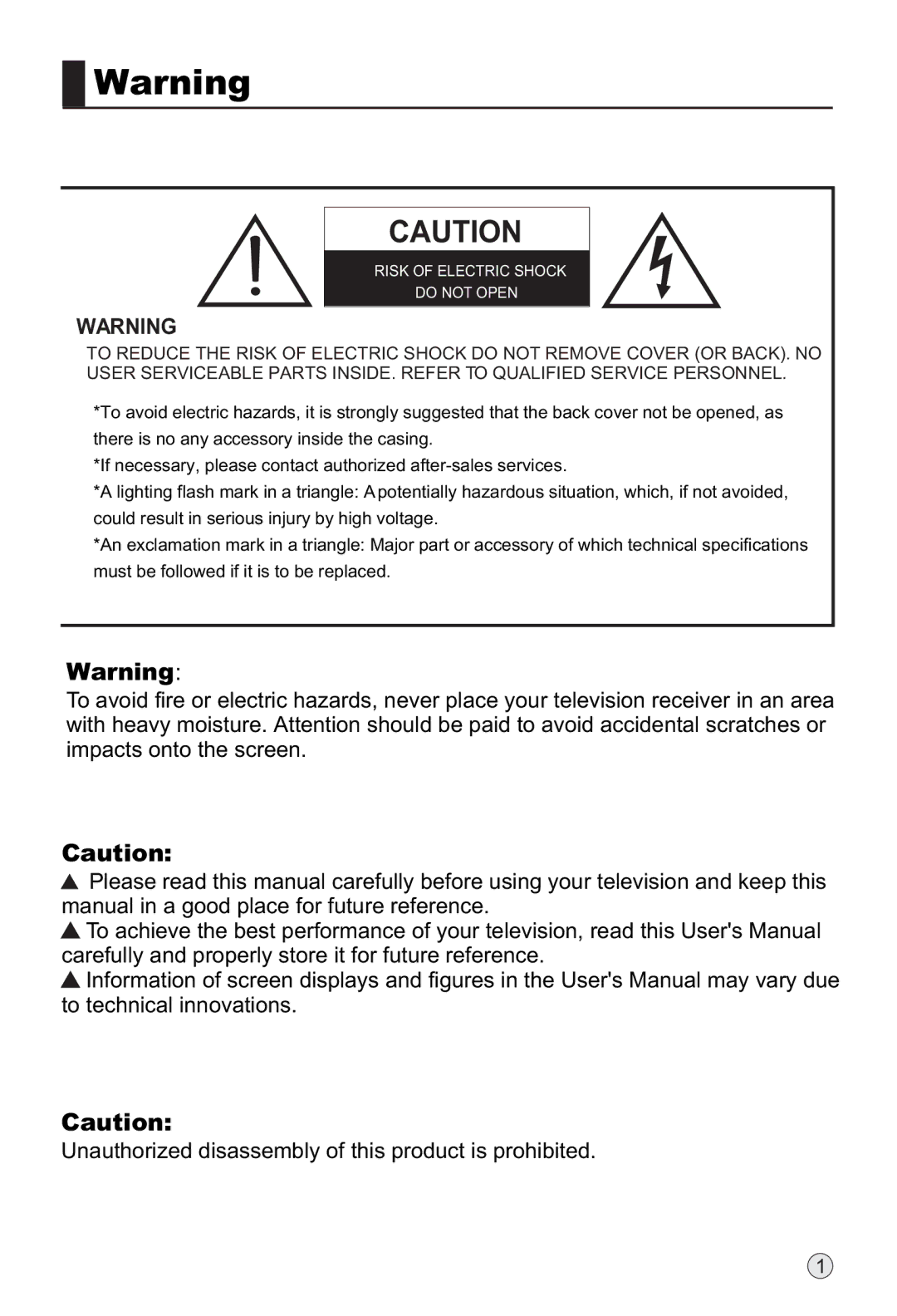 Haier L42H8, L40H8, L32H8 owner manual Risk of Electric Shock Do not Open 