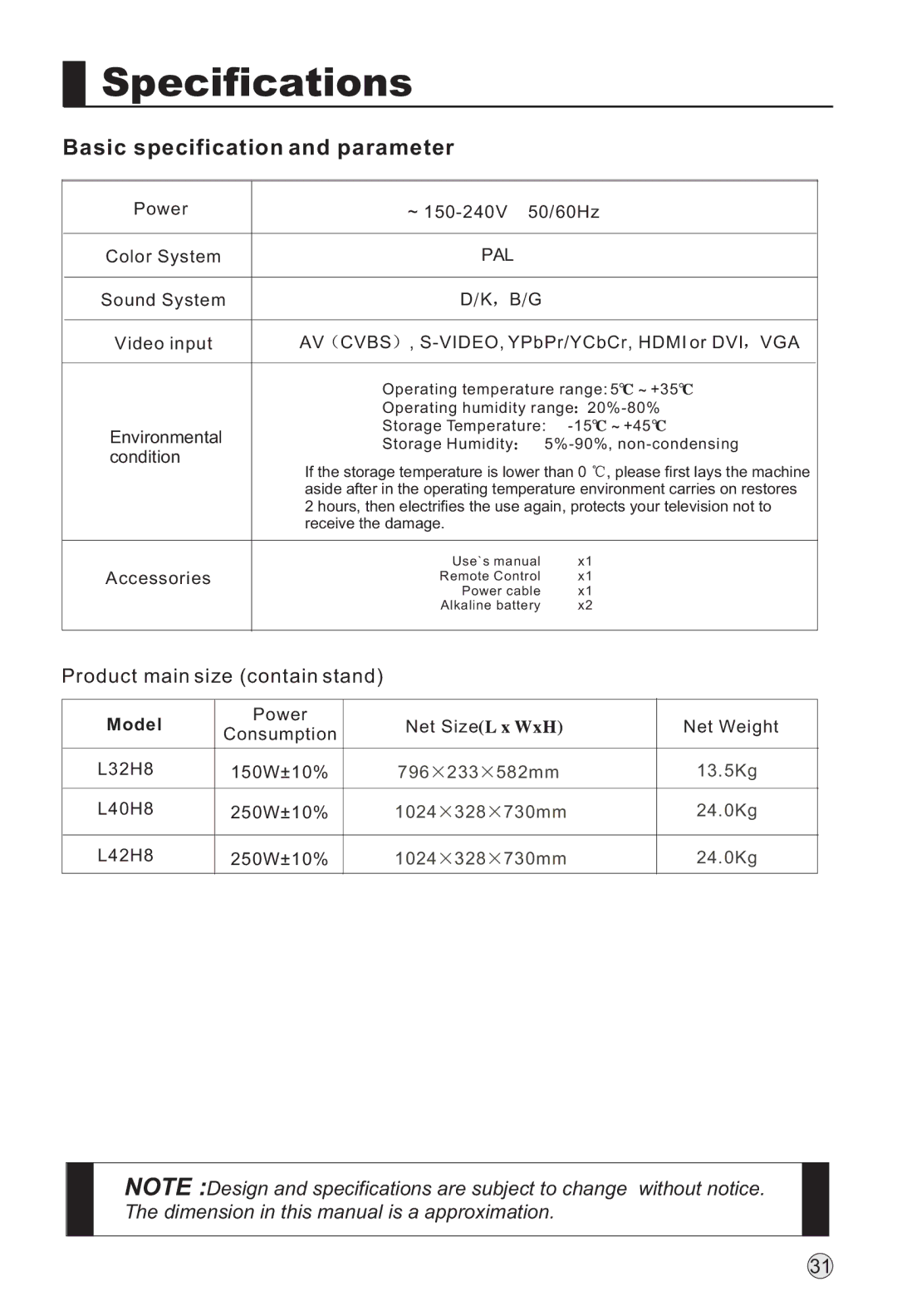 Haier L42H8, L40H8, L32H8 owner manual Basic specification and parameter, Model 