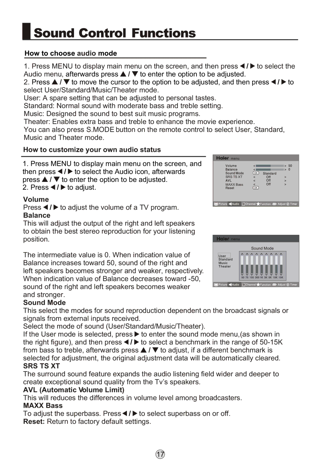 Haier LB37R3, L42K3 How to customize your own audio status, Balance, Sound Mode, AVL Automatic Volume Limit, Maxx Bass 