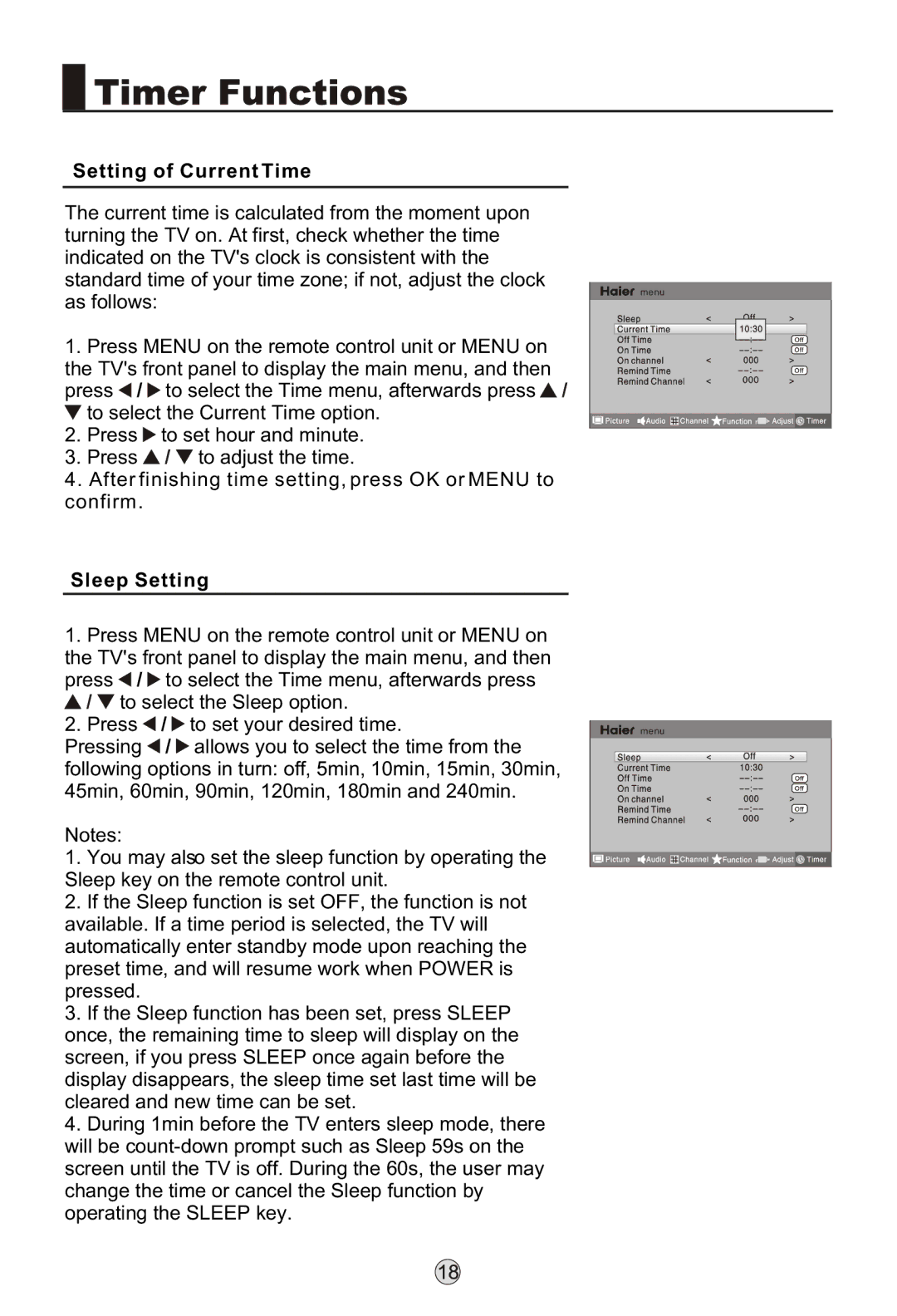 Haier L26K3, L42K3, LB37R3 manual Setting of Current Time, Sleep Setting 