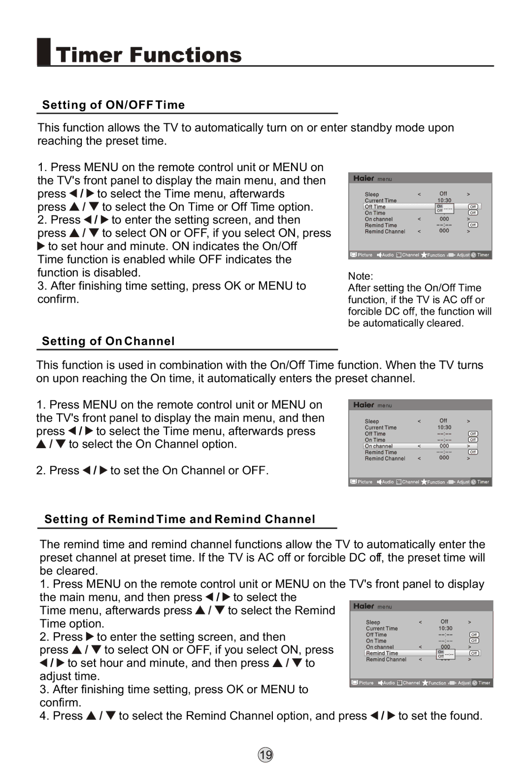 Haier L42K3, LB37R3, L26K3 manual Setting of ON/OFF Time, Setting of On Channel, Setting of Remind Time and Remind Channel 