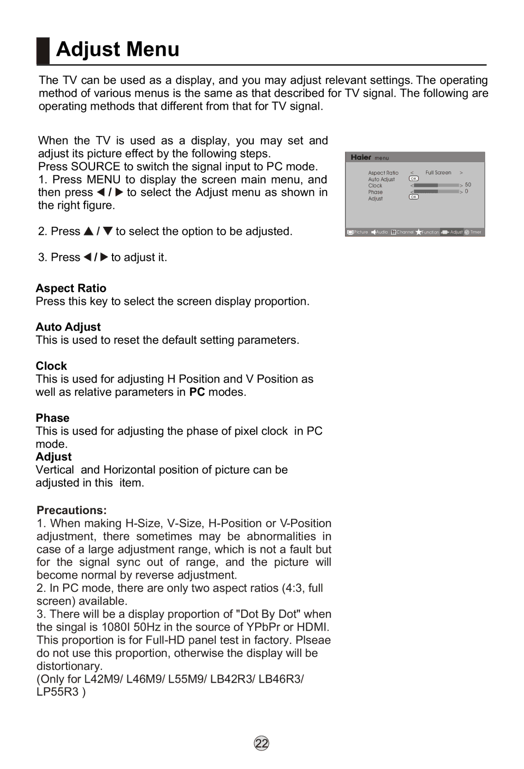 Haier L42K3, LB37R3, L26K3 manual Precautions 