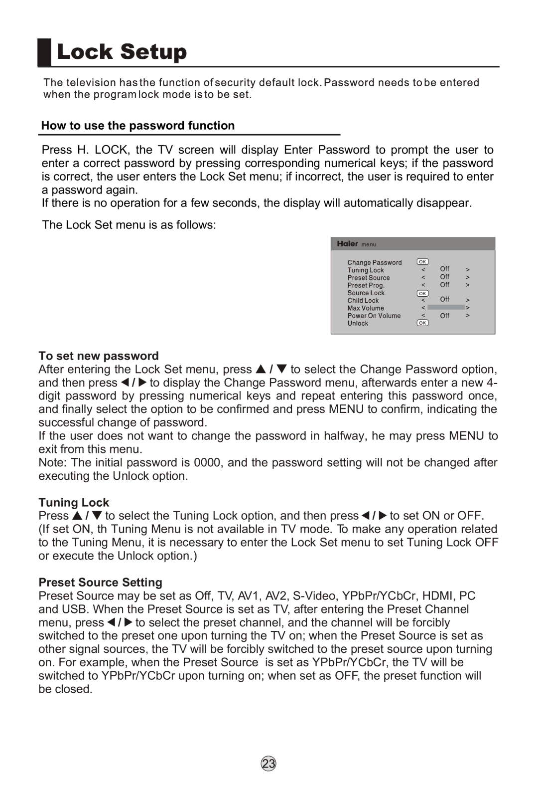 Haier LB37R3, L42K3, L26K3 manual How to use the password function, To set new password, Tuning Lock, Preset Source Setting 