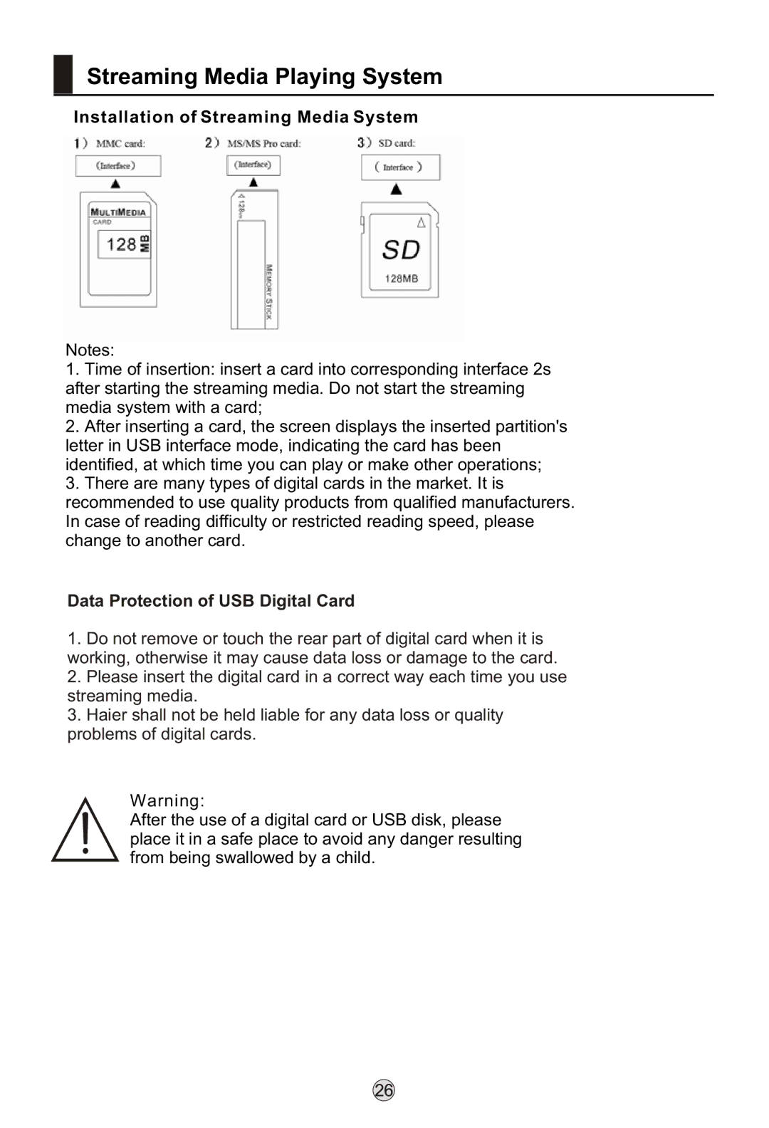 Haier LB37R3, L42K3, L26K3 manual Data Protection of USB Digital Card 