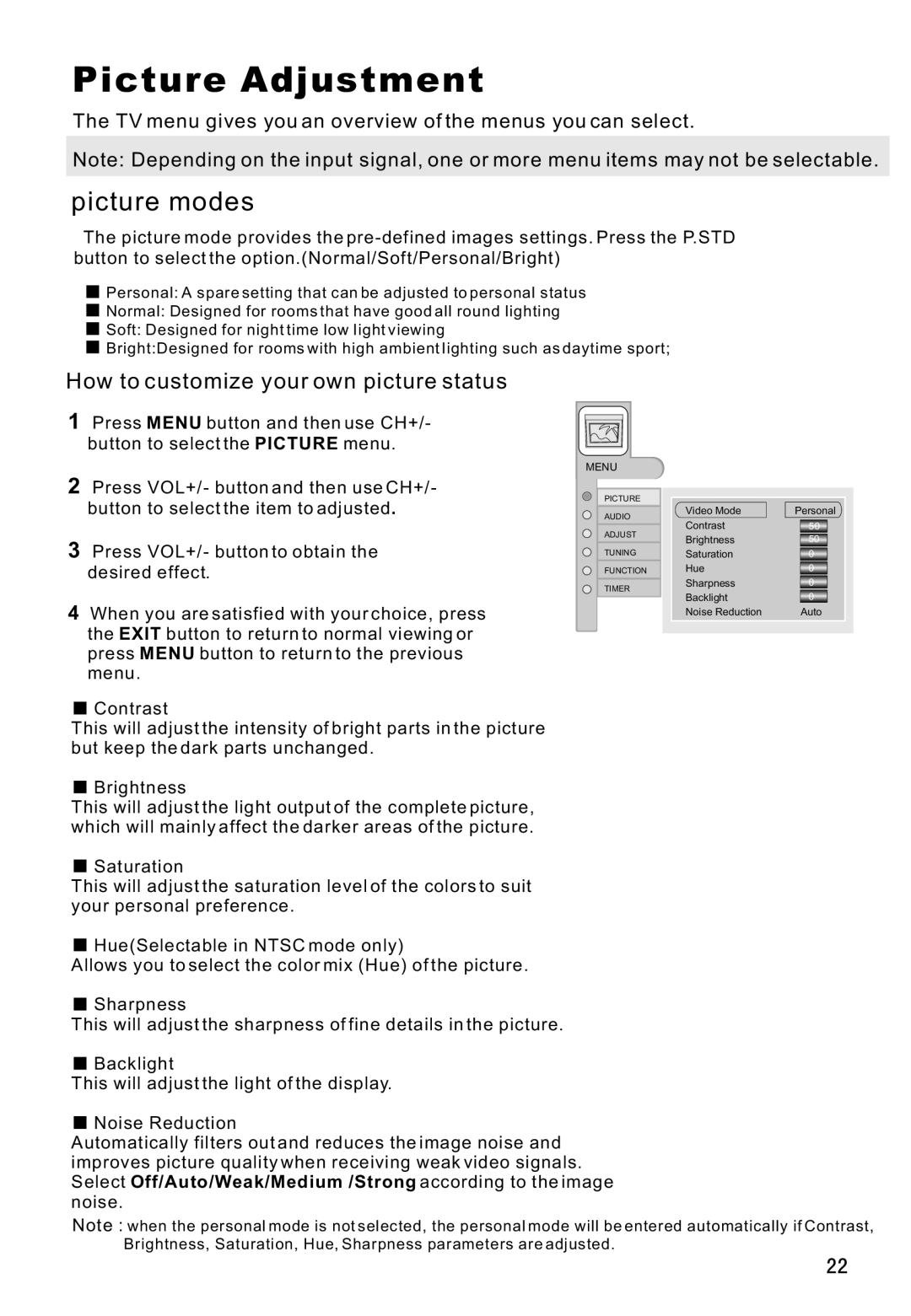 Haier L42V6-A8 S owner manual Picture Adjustment, Picture modes 