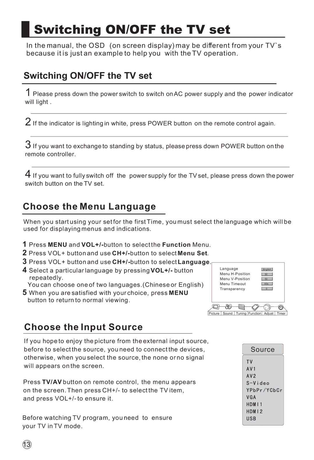 Haier L47A18-AK, L42A18-AK, L52A18-A Switching ON/OFF the TV set, Choose the Menu Language, Choose the Input Source 