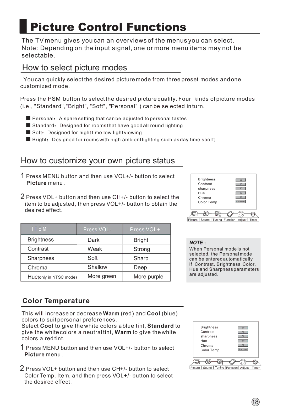 Haier L42A18-AK, L52A18-A Picture Control Functions, How to select picture modes, How to customize your own picture status 