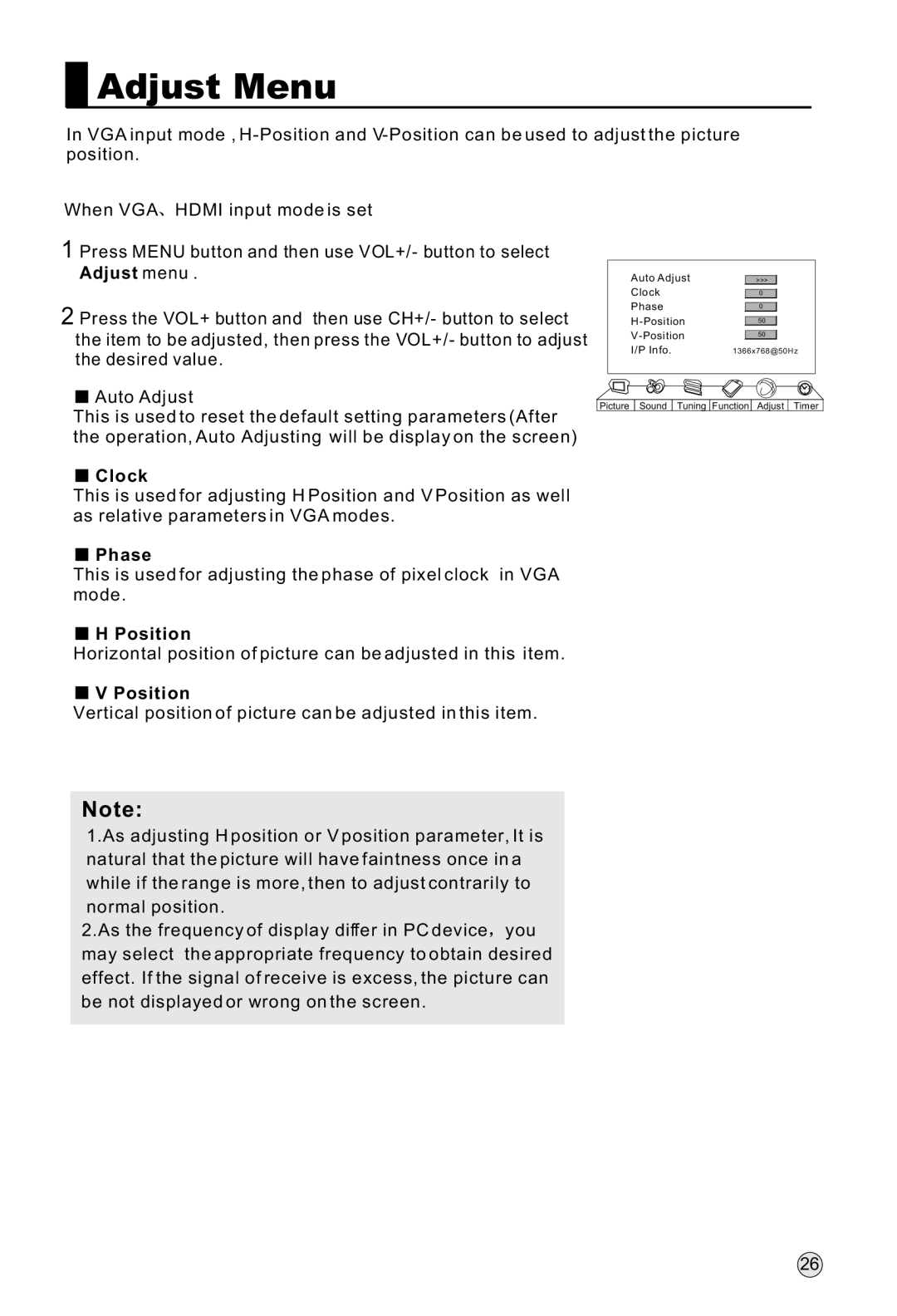 Haier L42A18-AK, L47A18-AK, L52A18-A, L37A18-AK owner manual Adjust Menu, Clock, Phase, Position 