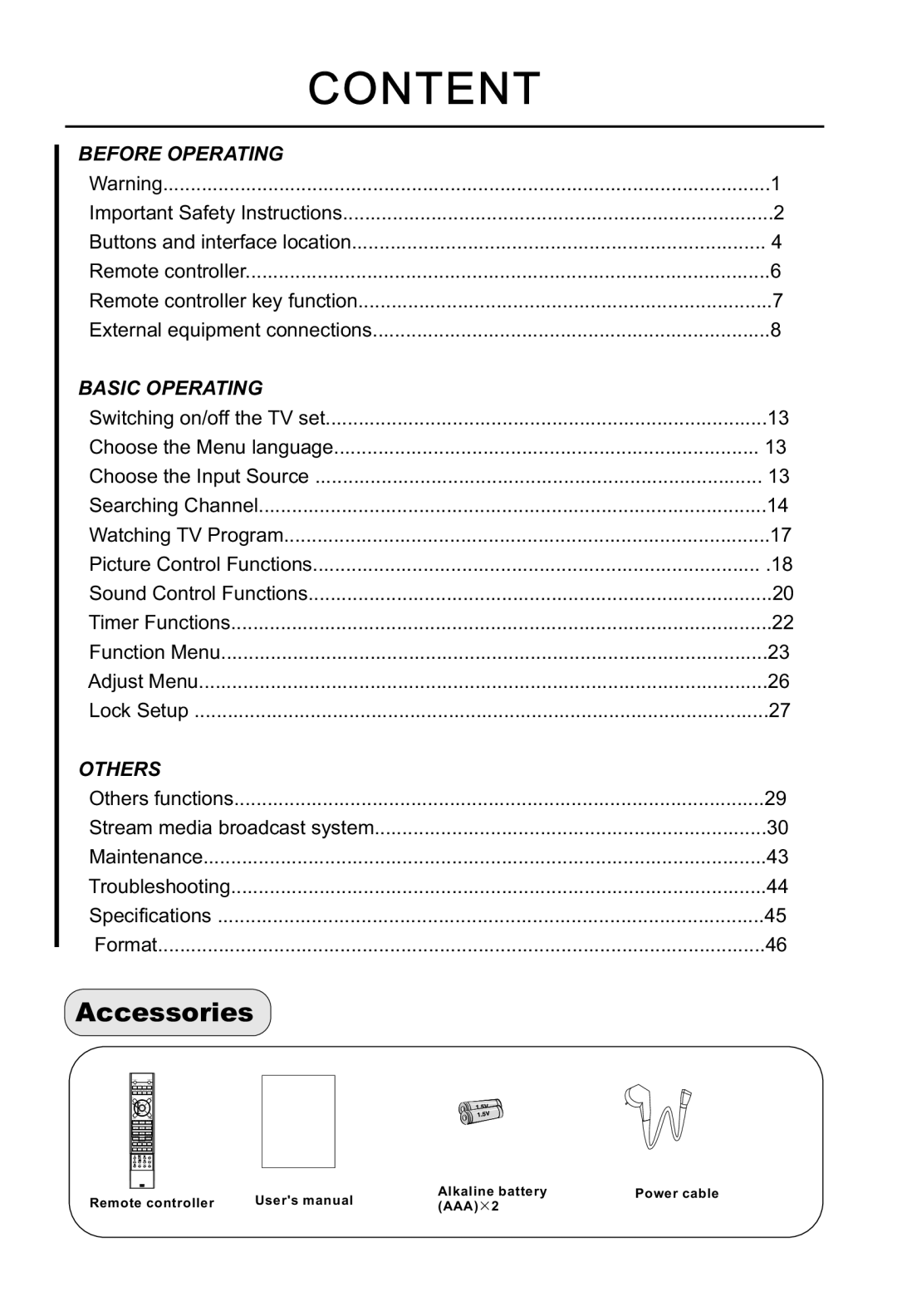 Haier L37A18-AK, L47A18-AK, L42A18-AK, L52A18-A owner manual Content, Accessories 