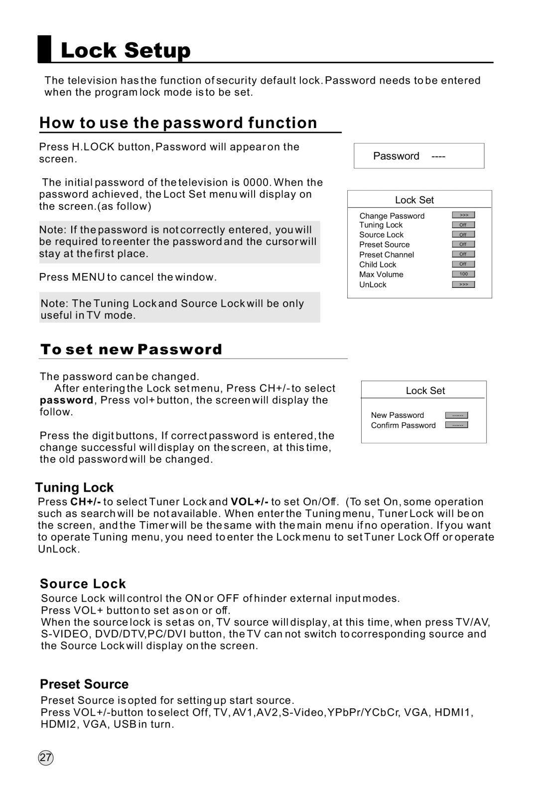 Haier L52A18-A, L47A18-AK, L42A18-AK Lock Setup, How to use the password function, Tuning Lock, Source Lock, Preset Source 