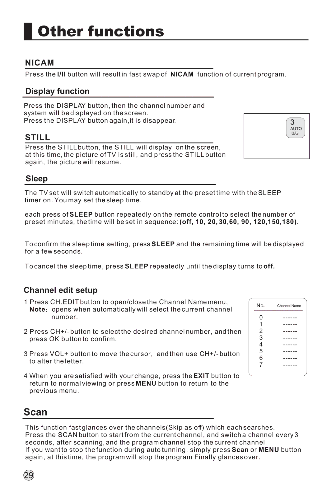 Haier L47A18-AK, L42A18-AK, L52A18-A, L37A18-AK Other functions, Scan, Display function, Sleep, Channel edit setup 