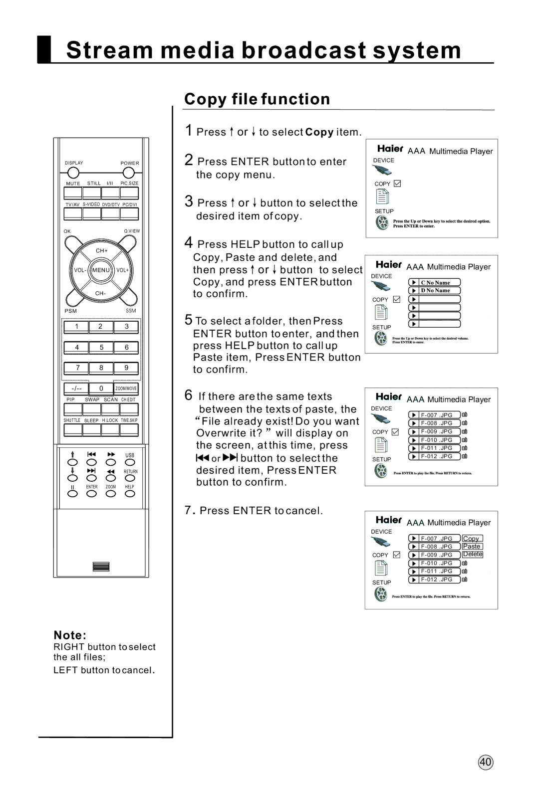 Haier L37A18-AK, L47A18-AK, L42A18-AK, L52A18-A owner manual Copy file function 