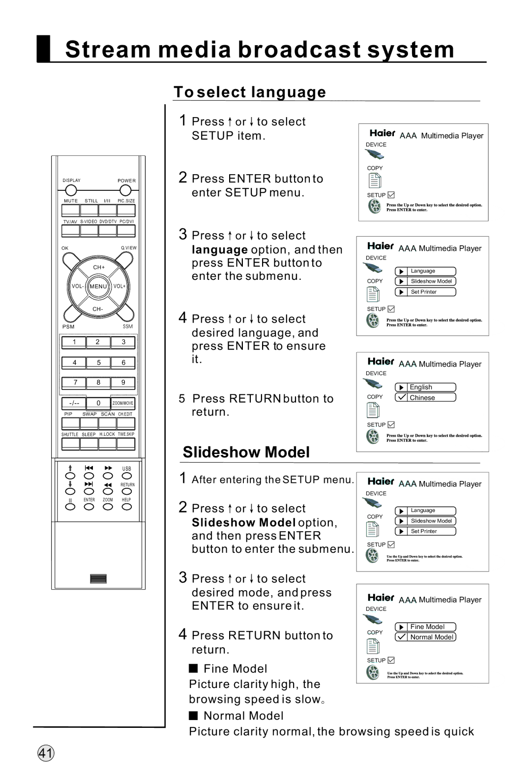 Haier L47A18-AK, L42A18-AK, L52A18-A, L37A18-AK owner manual To select language, Slideshow Model option 