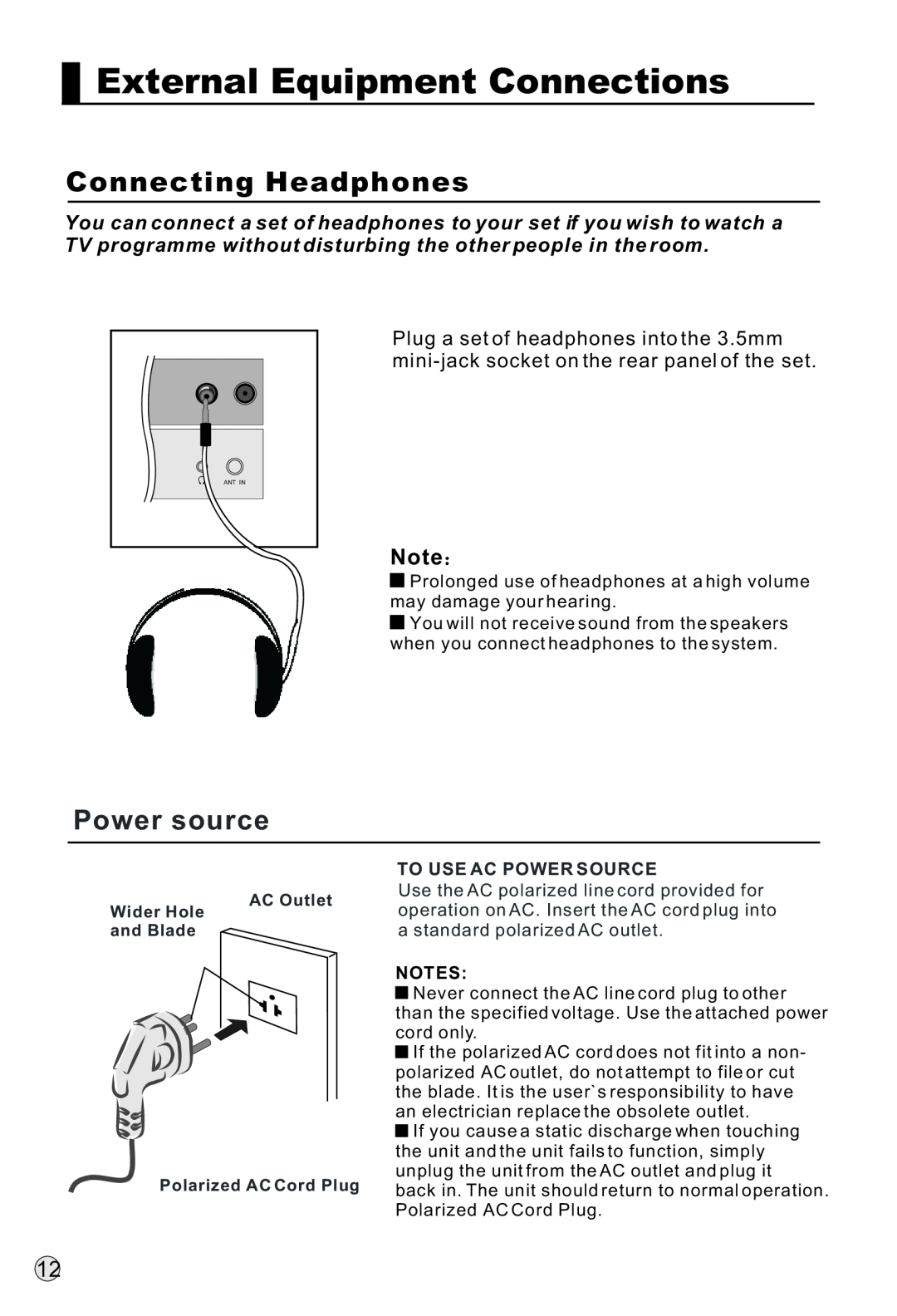 Haier L37A18-AK, L47A18-AK Connecting Headphones, Power source, External Equipment Connections, To Use Ac Power Source 