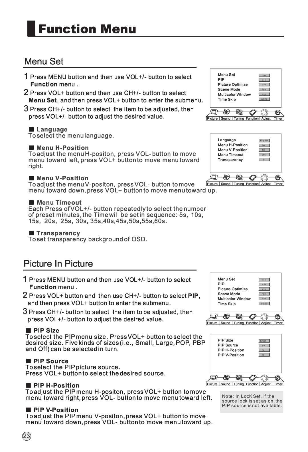 Haier L52A18-A Function Menu, Menu Set, Picture In Picture, Language, Menu H-Position, Menu V-Position, Menu Timeout 