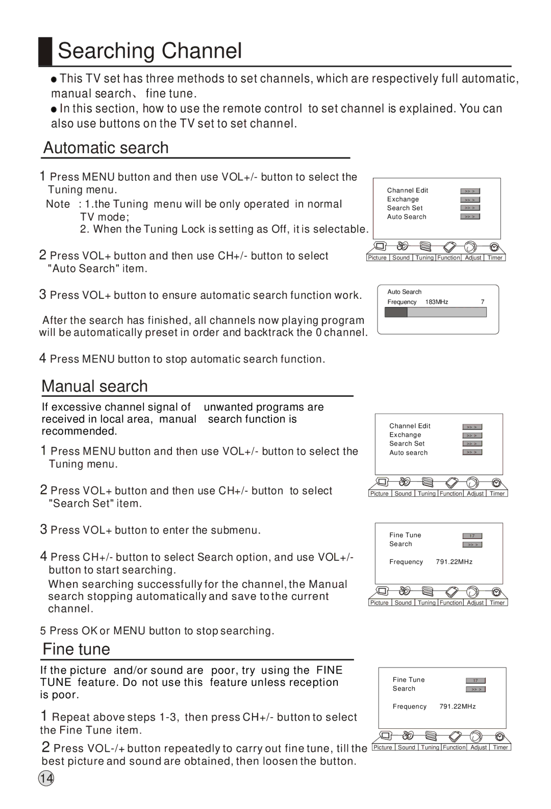 Haier L52A18-AK, L42A18-A owner manual Searching Channel, Automatic search, Manual search, Fine tune, Fine Tune item 