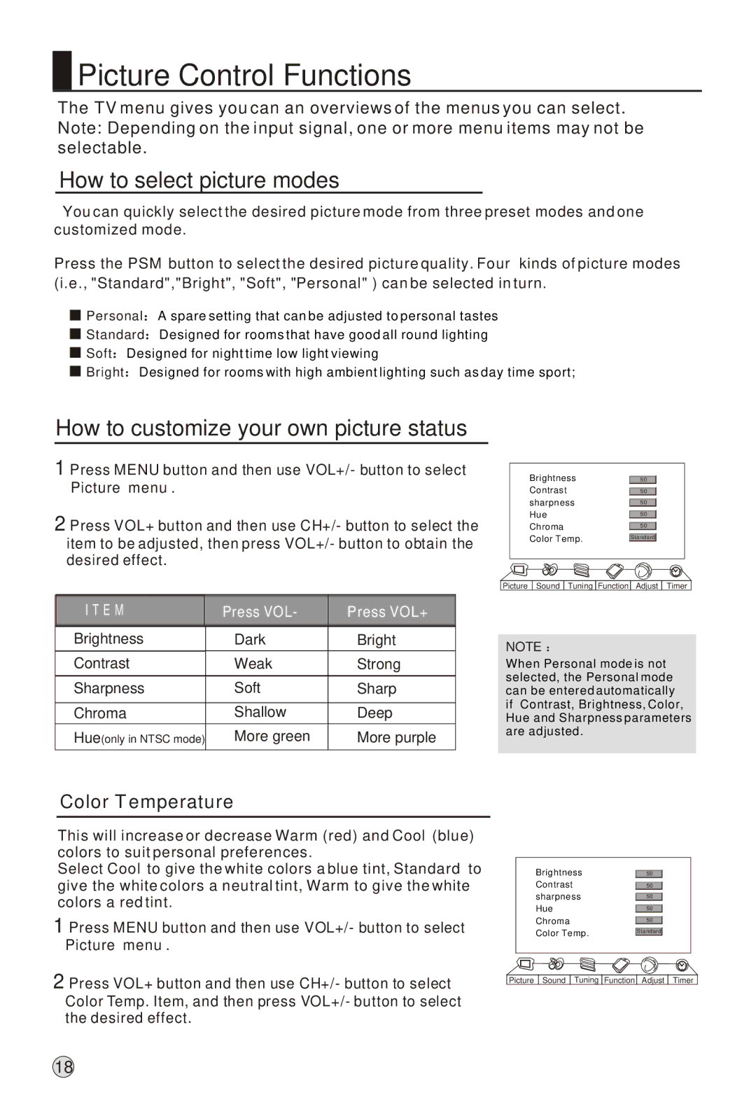 Haier L52A18-AK, L42A18-A Picture Control Functions, How to select picture modes, How to customize your own picture status 