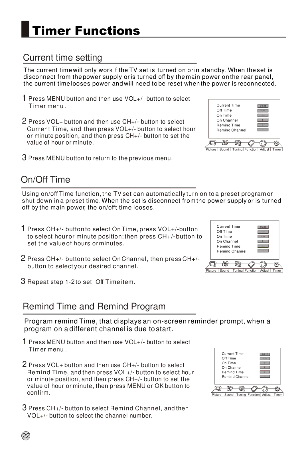 Haier L42A18-A, L52A18-AK owner manual Timer Functions, Current time setting, On/Off Time, Remind Time and Remind Program 