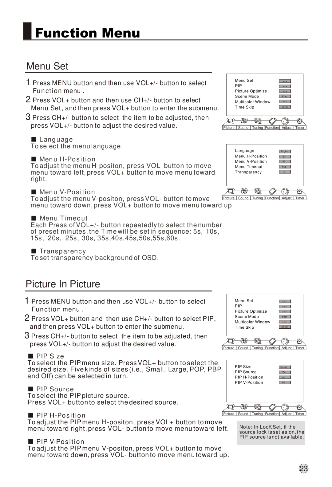 Haier L52A18-AK, L42A18-A owner manual Function Menu, Menu Set, Picture In Picture 