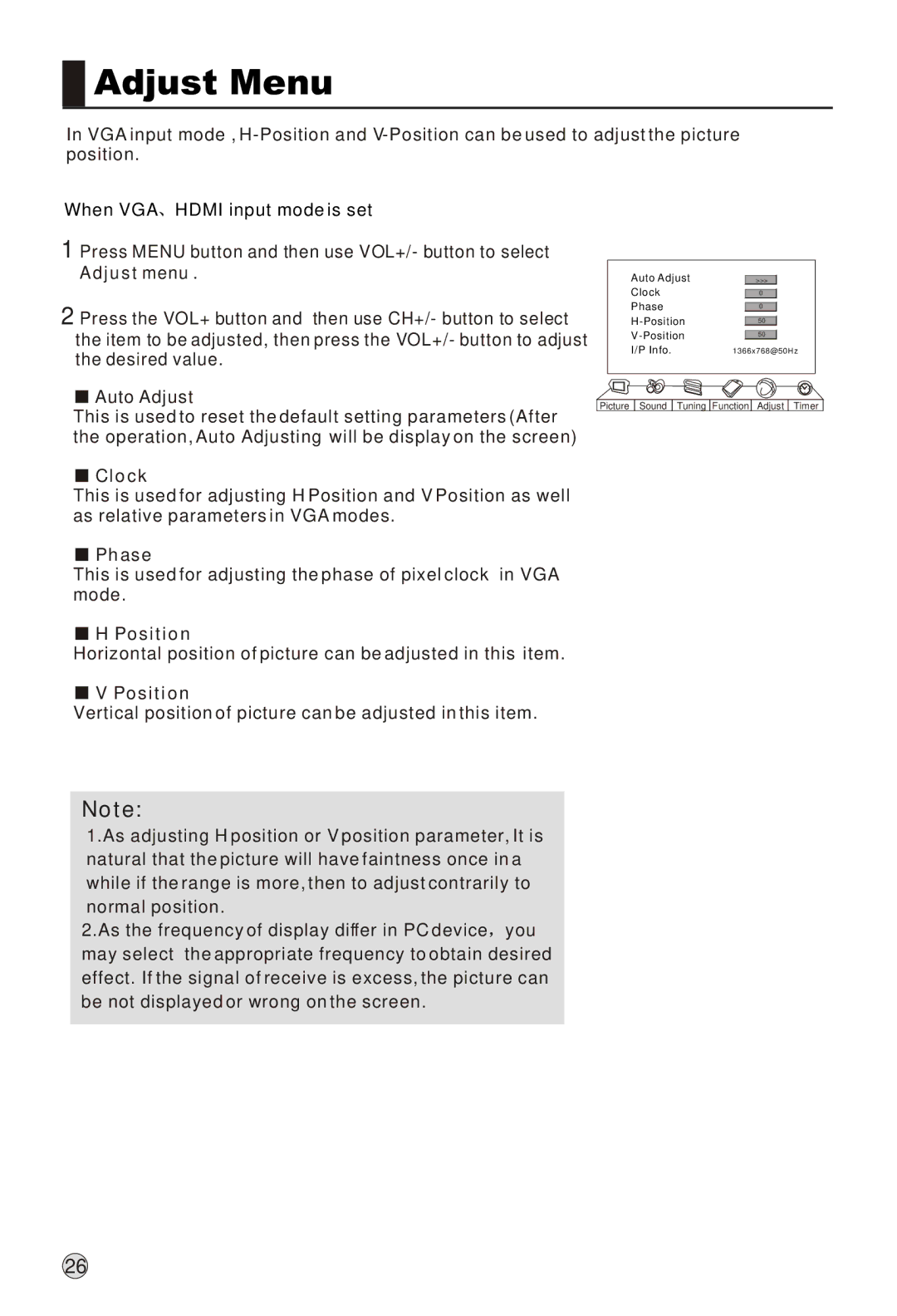 Haier L52A18-AK, L42A18-A owner manual Adjust Menu, Clock, Phase, Position 