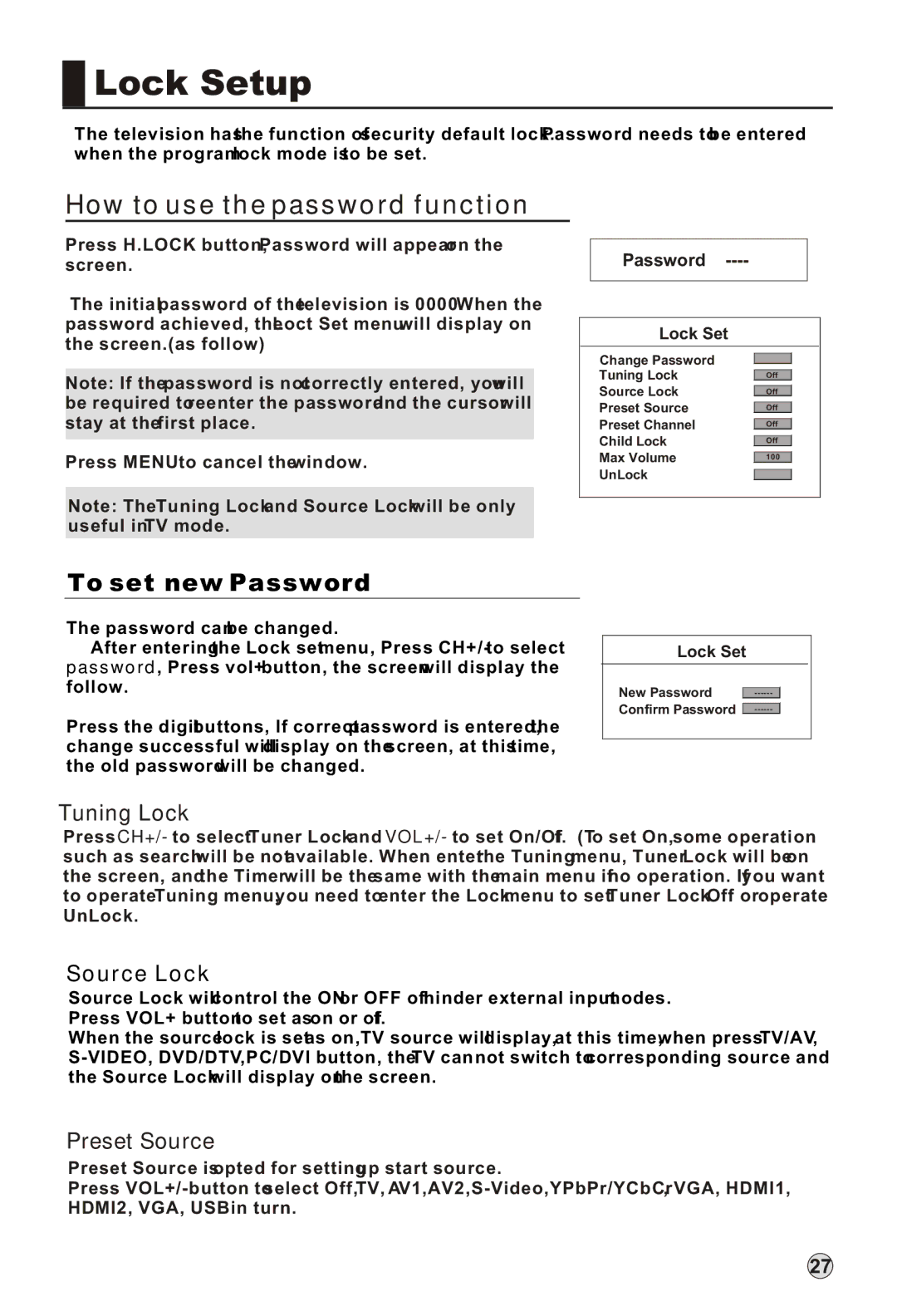 Haier L52A18-AK, L42A18-A owner manual Lock Setup, How to use the password function, Tuning Lock, Preset Source 