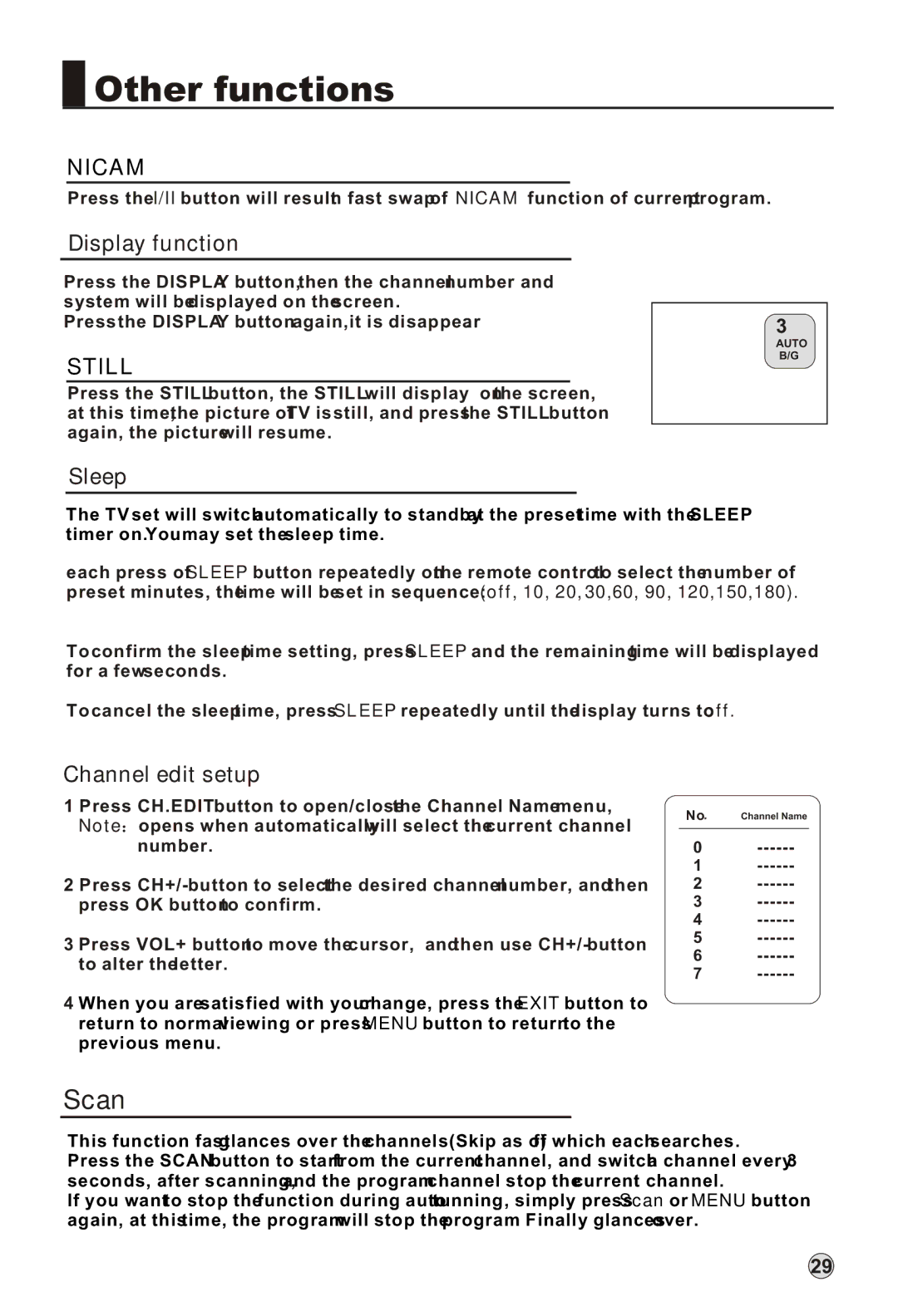 Haier L52A18-AK, L42A18-A owner manual Other functions, Scan, Display function, Sleep, Channel edit setup 