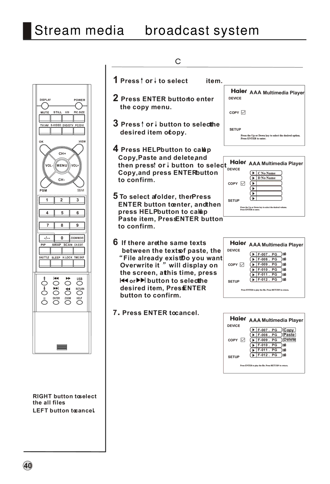 Haier L42A18-A, L52A18-AK owner manual Copy file function 